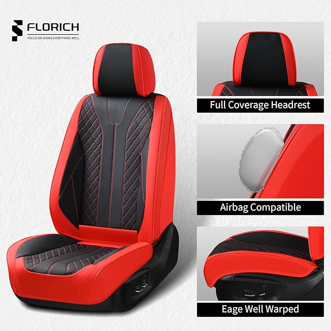 FLORICH Car Seat Covers Front Seats Luxury Faux Leather Waterproof Seat Covers Car Seat Protector Automotive Seat Covers Cushion Universal Fit for Most Cars SUV Trucks, Black&Red