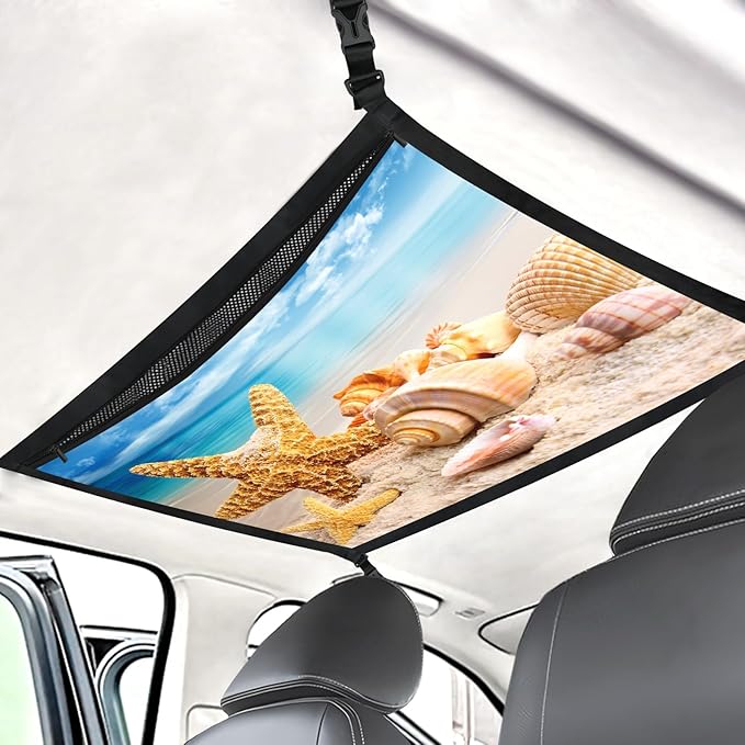 Starfish Car Storage Mesh Organizer Ceiling Cargo Net Double-Layer Adjustable Zipper Truck SUVs Travel Road Trip Essentials etc. Interior Organizer