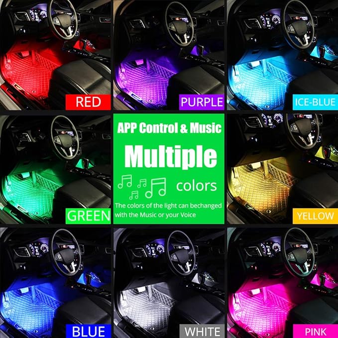 Atmosphere LED Car Lights,4pcs 48 LEDs RGB Bluetooth APP Control Car Interior LED Strip Music Lighting Kits for DIY Indoor Party.Car Cigarettet,DC 12V.