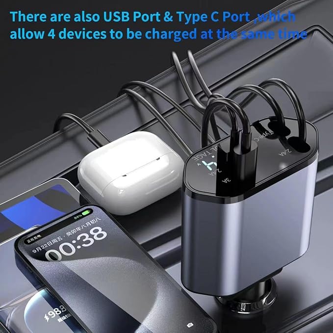 Crazytree Retractable Car Charger, 4 in 1 Fast Car Phone Charger 100W with Cord 2.6ft, Retractable Cable and 2 USB Ports Car Charger Adapter for iPhone 15 14 13 12 Pro Max, Galaxy S23