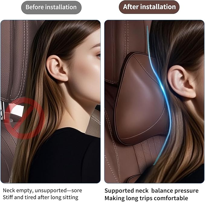 2PCS Leather Memory Foam Car Headrest Pillow Ergonomic Neck Pillow, Universal for Tesla Model Y/3/X/S BMW X3 X5 Lexus TX350 NX350 350h RX350 Volvo XC60 XC90 for Neck Pain Relief(Brown)