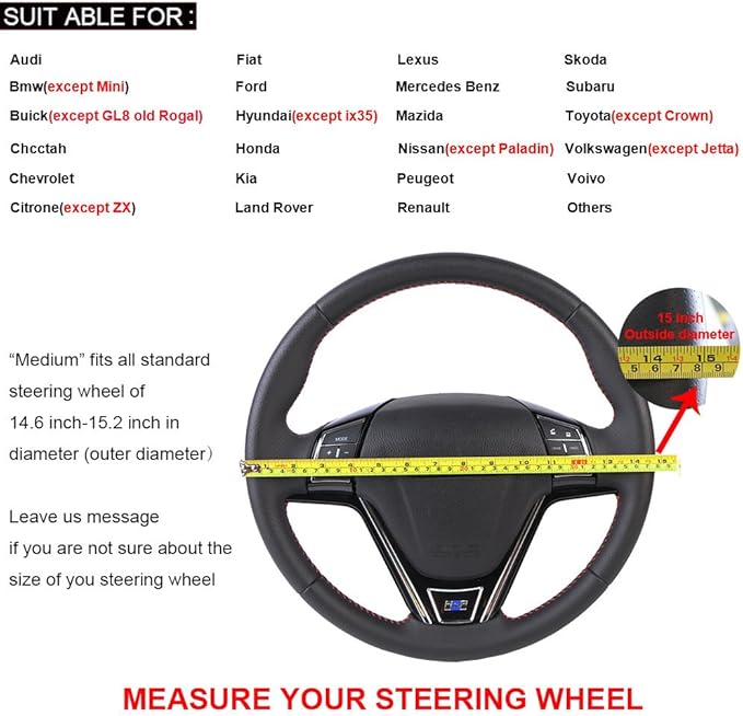 15 Inch Universal Car Steering Wheel Cover Leather (Artificial) Stitch On Wrap with Needle & Thread DIY Red and Blue Splice for BMW Etc