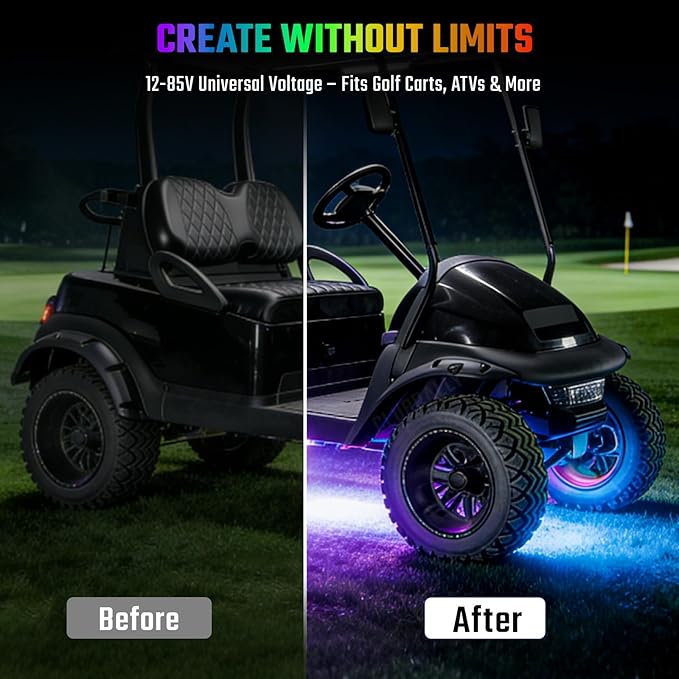 Golf Cart Underglow LED Light Strip Kit, 28 Modes Neon Underbody Glow, 12-85V, Music Sync, Wireless Remote Control, Universal for All Golf Carts, EZGO, Club Car, Yamaha, 4 Pack