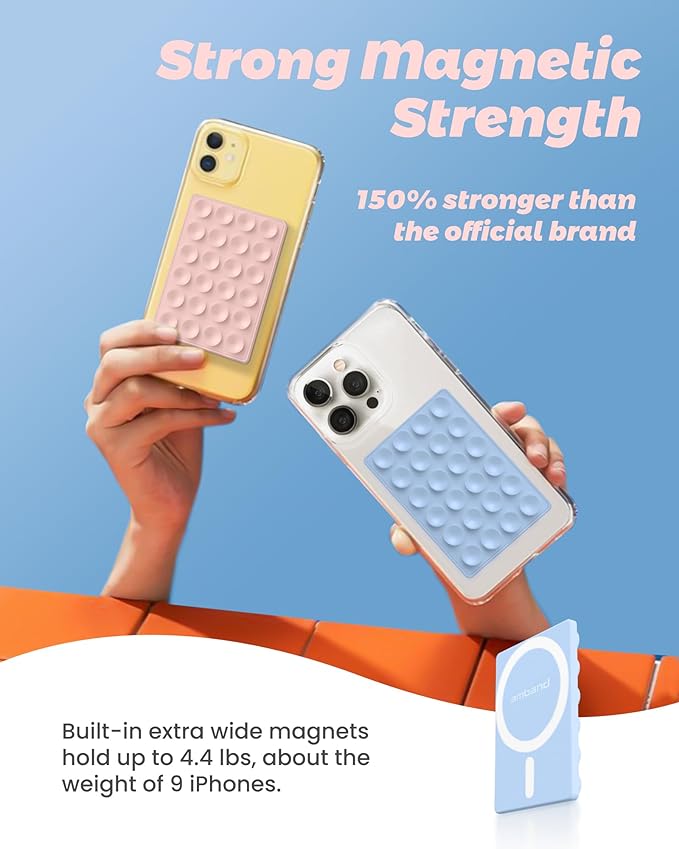 amBand Magnetic Suction Phone Grippy for MagSafe Case, Silicone Cup Sticky Mount for iPhone 12 13 14 15 16 17 Pro Max/Pro/Air/Plus, Hands-Free Selfie/Video for TikTok Creator/Influencer, Light Blue