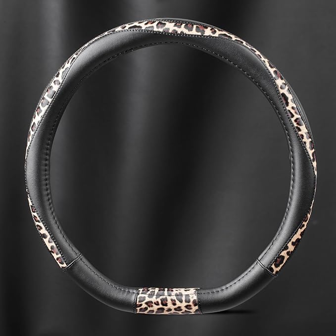 Road Comforts D-Type Steering Wheel Cover - Made with PVC Leather and Leopard Fabric - Universal Fit for 15-Inch D-Shaped Automotive Steering Wheels (Black Color)