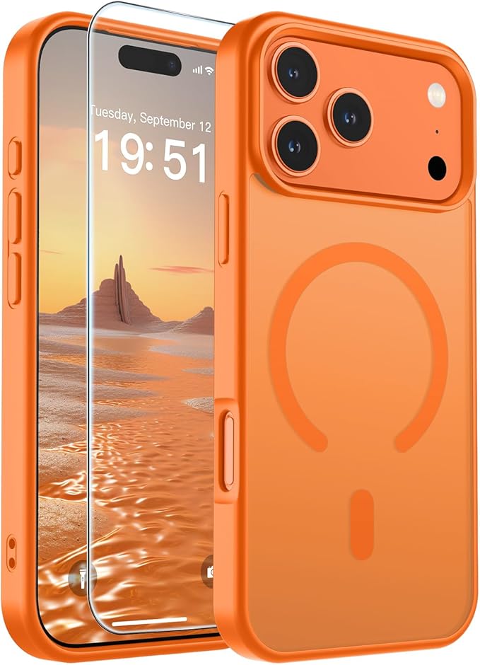 SUPFINE Magnetic for iPhone 17 Pro Max Case with Screen Protector (Compatible with MagSafe)(Military Grade Drop Protection) Translucent Matte Shockproof Phone Cover,Starry Orange