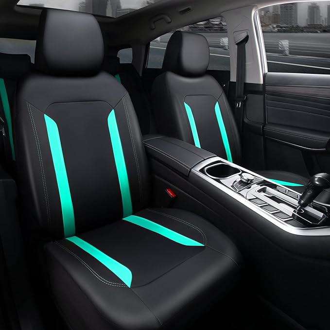 CAR PASS Black Mint Leather Car Seat Covers Full Set, Luxury PU Seat Covers for Cars, Waterproof Car Seat Protector Anti-Slip Seat Cushion Airbag Compatible for SUV Pick-up Truck Sedan, Mint Blue