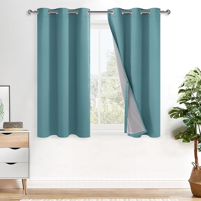 XWZO 100% Blackout Curtains - Thermal Insulated Black Liner Curtains, Noise Reducing and Heat Blocking Drapes for Hall and Studio Windows with Tiebacks, Stone Blue, W42 x L45, Set of 2