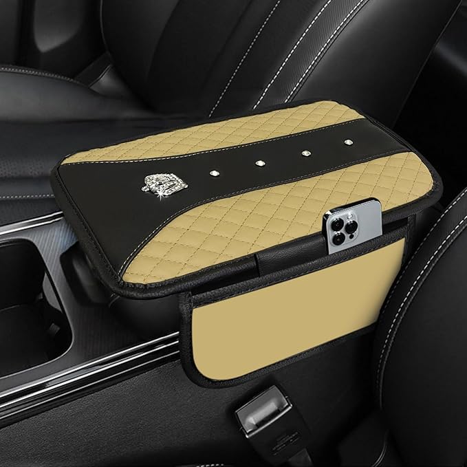 NBTEPEM Bling Crown Car Center Console Armrest Cover, Leather Middle Console Cover Cushion with 2 Storage Bags, Car Armrest Storage Box Interior Accessories for Most Vehicles(Beige)