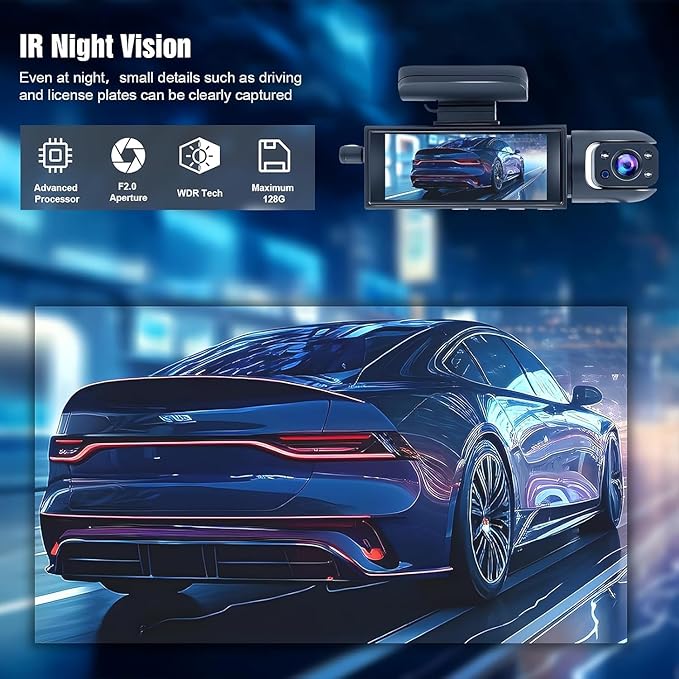 Dashcam Front and Inside,Car Camera Dash Cam for Cars,Driving Recorder with IR Night Vision,Loop Recording,Wide Angle Lens,3.16 Inch IPS Screen,Parking Mode (Silver)