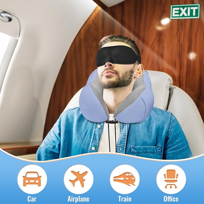 CloudBliss Travel Pillow Premium Memory Foam, Comfortable & Supportive Neck Pillow, Neck Pillows for Sleeping Travel, Airplane Pillow for Sleeping Airplane, Car, Office and Home（Black & Blue）