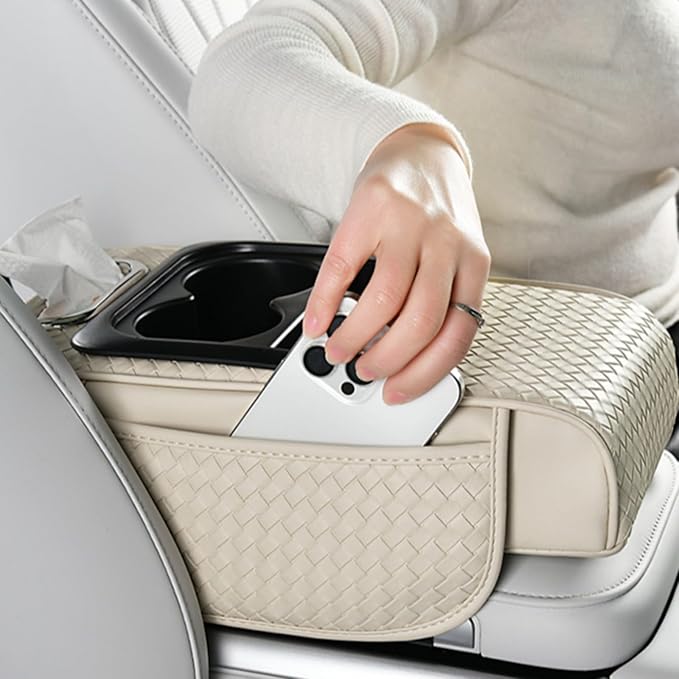 Car Armrest Cushion Cover Car Center Console Memory Foam Booster Pad with Storage Pocket and Tissue Hole for Sedan Vehicle (Cupholder - Blue, 13.39 * 7.68 * 2.95'' / 34 * 19.5 * 7.5cm)