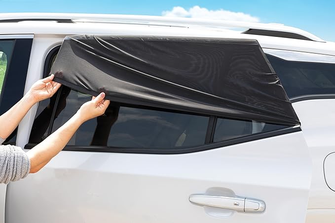 Nuby Car Seat Sunshade for Vehicle Window | 2 Pack| Breathable Mesh Fabric | Full Window Function for Fresh Air Flow | Blocks Sun Rays, Bugs, and Cools Car |Black