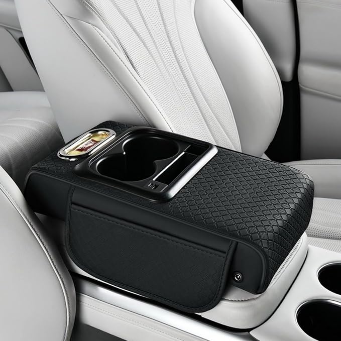 2026 Enhanced Car Center Console Armrest Cushion with USB& Type-C Charging, PU Leather Console Pad with Cup Holders, Storage& Tissue Outlet for Most Vehicles (Flat Version, Black)