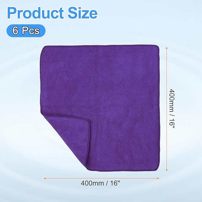 HARFINGTON 6 Pack Microfiber Cleaning Cloth, 16" x 16" Multi-Functional Cleaning Towels Reusable Absorbent Rags for Car Wash Kitchen Household Window Clean, Purple