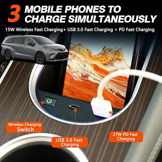 Wireless Car Charger for Toyota Sienna 2021-2023, 15W Fast Charging Phone Charger Holder for 4th Gen Toyota Sienna Accessory with 27W USB-A & Type-C for iPhone 14 13 12 Mini Pro Max 11 XS X