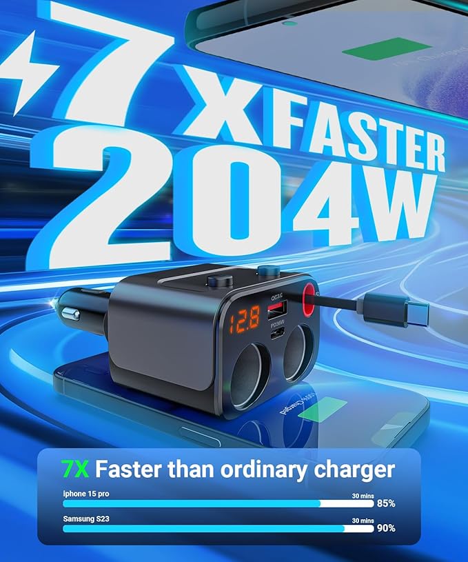 180W Retractable Car Charger Cigarette Lighter Splitter, 5 in 1 USB Fast Car Phone Charger with Retractable Cable 2 USB Ports, 2 Cigarette Lighter Socket with Separate Switch LED Voltmeter