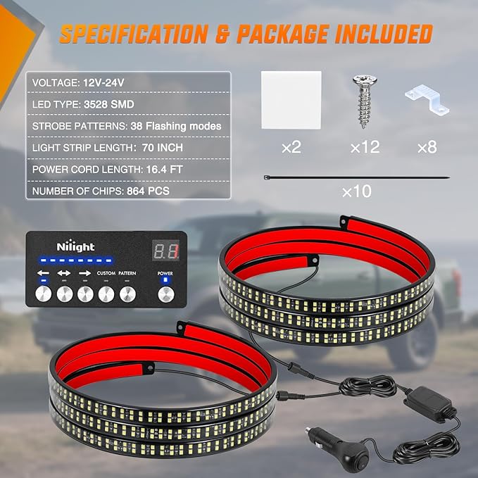 Nilight 2PCS 70 Inch Emergency Strobe Light Strip with Controller 864 LED White Running Board Lights Flexible Side Flashing Warning Caution Safety Waterproof for Truck Construction Pickup