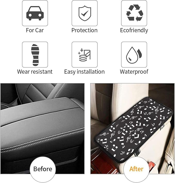 Car Armrest Cover Auto Center Console Pad Arm Rest Cushion Soft Car Accessories Universal for Most Vehicle (White Music Notes Pattern Design)