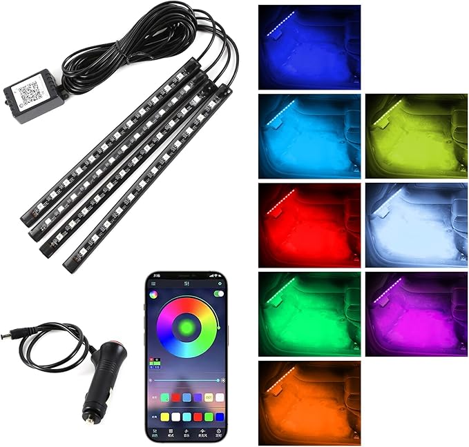 Wuyaoyao Car LED Interior Light, 48 LED Lights Multicolor Music Car Strip Light, Car Strip Light with Sound Active Function and Remote Control, Under Dash Lighting Kit (Cigarette Lighter+APP)