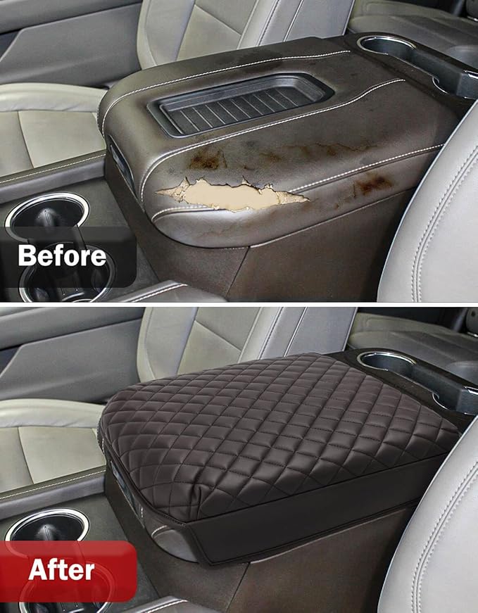 KBH Center Console Armrest Cover for Chevy Silverado & GMC Sierra 2019-2026, Tahoe & Suburban & Yukon 2021-2026, Bucket Seat, Vinyl Leather Trim, Anti-Scratch, Brownstone