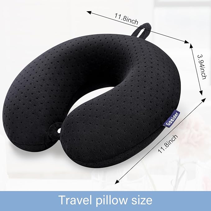 Black Travel Neck Pillow Memory Foam Airplane Pillow for Neck and Head Support Soft Portable U Shape Neck Pillow for Plane, Car & Home Office Use
