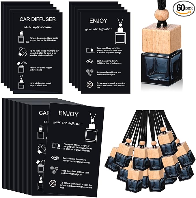 DaisyInner 60 Sets Car Diffuser Bottles Empty Bulk Hanging Car Air Freshener Diffuser Bottles Bulk Glass Perfume Holder with Instruction Cards for Essential Oil Fragrance Pendant(Square,Black)