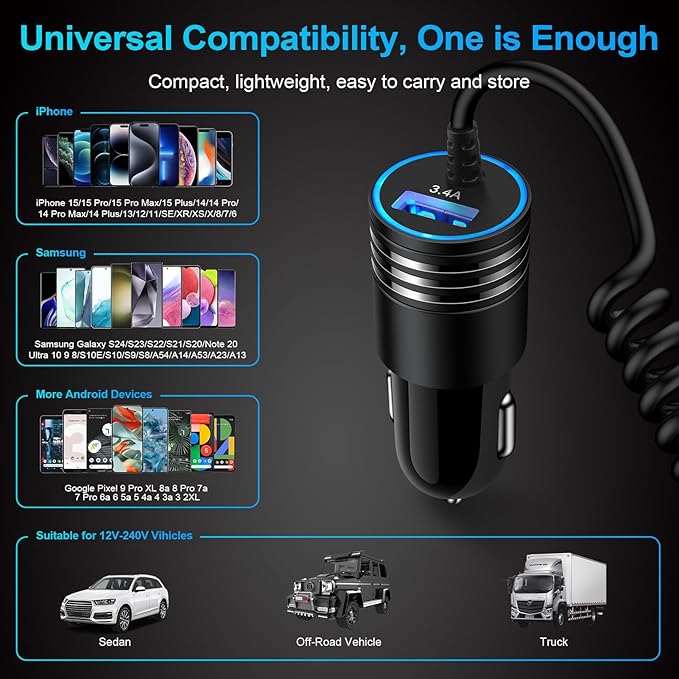Android Car Charger Fast Charging Cord Type C 3.4A USB C Cigarette Lighter Adapter with Coiled Cable for Samsung Galaxy S26 S25 S24 S23 Z Flip 7 6 Z Fold 7 6 5 A57 A37 A17 A16 A35 A25 A15 A54 A14 A53