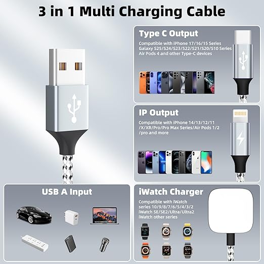 Travel Essentials 3in1 Multi Charging Cable for iPhone Watch Charger,USB A to Type C/IP/iWatch Charger, Charging Cords for Multiple Devices Compatible with iWatch Series&iPhone 16-12 5FT