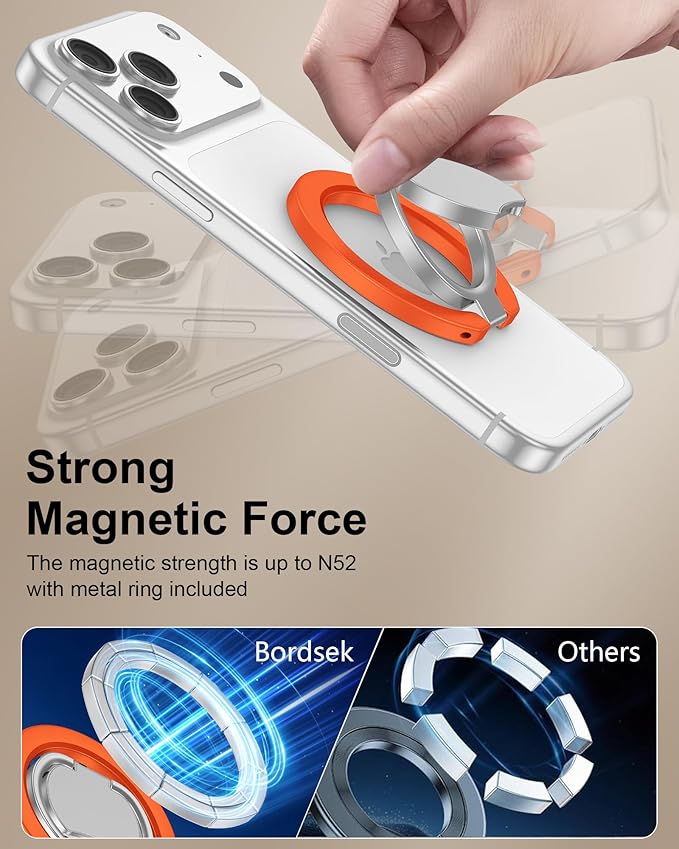 Magnetic Finger Ring for iPhone 17 Pro Max Double-Sided Magsafe Phone Grip with Kickstand Foldable &Rotatable Magsafe Cellphone Gym Loop Holder for Apple 17e 17 Air 16e 16 Pro 16 Plus 15 14 13 12 Mini