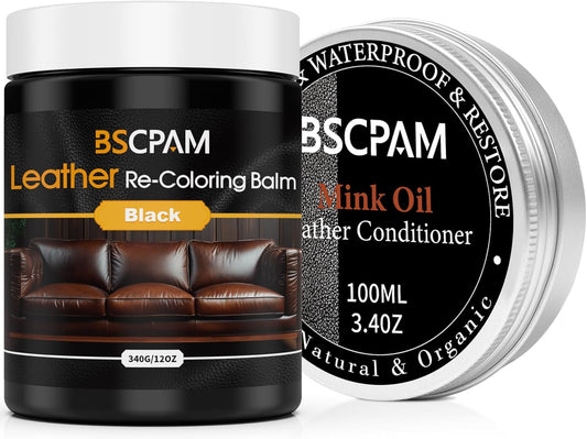 12oz Leather Recoloring Balm & 3.4oz Mink Oil Leather Conditioner kit,Black Leather Color Repair Kits for Couches, Leather Couch Paint Scratch Repair for Furniture Car Sofa Shoes Leather Dye