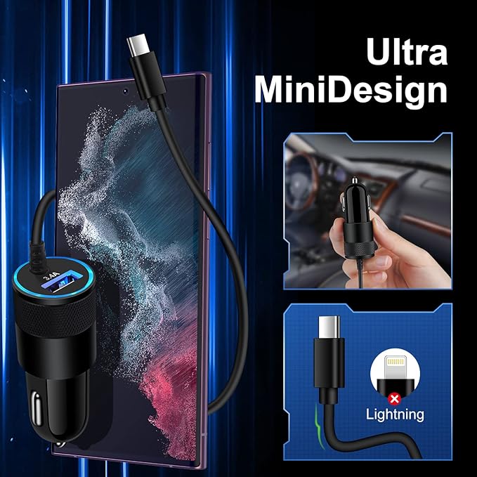 Type C Fast Car Charger for Samsung Galaxy A17/A16/A15/A14/5G/S26/S25/A56/A35/A55/A54/A13/S24 FE/S24/S23 Ultra/A53, iPhone 17e 16e, 3.4A Fast Charging Android Phone Car Charger Adapter 3FT USB C Cable
