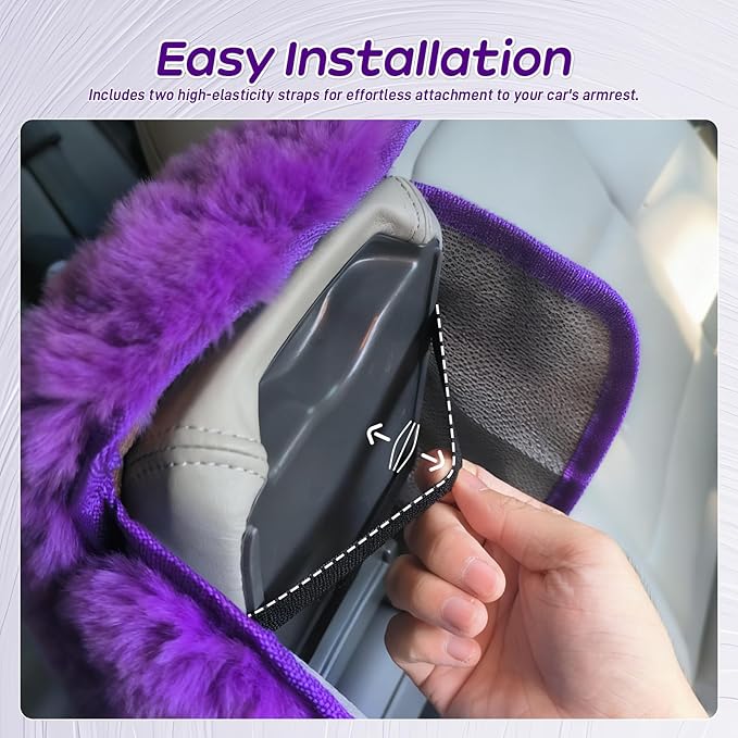 Fluffy Car Armrest Cover with Side Pockets – Plush Fuzzy Fur Center Console Armrest Cushion Pad, Universal Winter Car Interior Protector, Soft Arm Rest Cover with Storage for Women & Men (PURPLE)