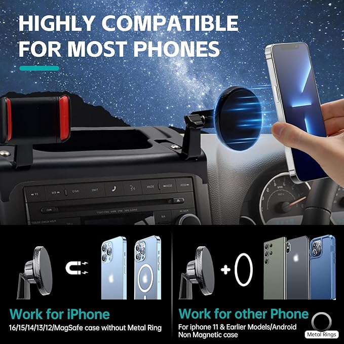 Magnetic Dash Phone Mount for 2011-2017 Jeep Wrangler JK JKU Accessories, Multi-Mount Phone Holder with Extension Arm Metal Rod, Dashboard Storage Tray with Extra Clip Bracket (Not for JL JLU)