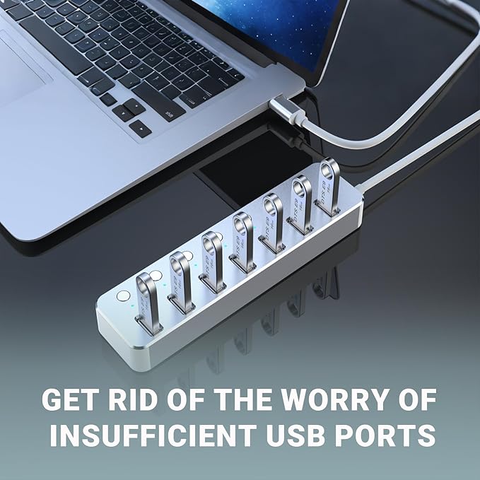 USB 3.0 Hub 7 Port USB Hub with 2ft Long Cable Aluminum USB Hub for Laptop and PC with Individual On/Off Switch and LED Indicator