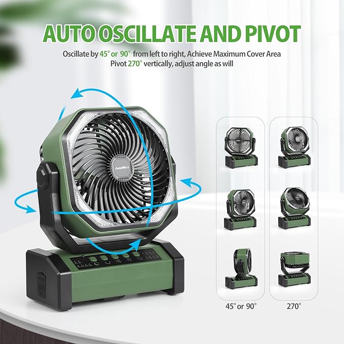 AddAcc 20000mAh Rechargeable Camping Fan - Battery Operated Fan with Light & Remote, Auto Oscillating, 4 Timer, 60 Hrs Work Cordless Tent Fan for Travel Outdoor RV Garage Power Outage Emergency