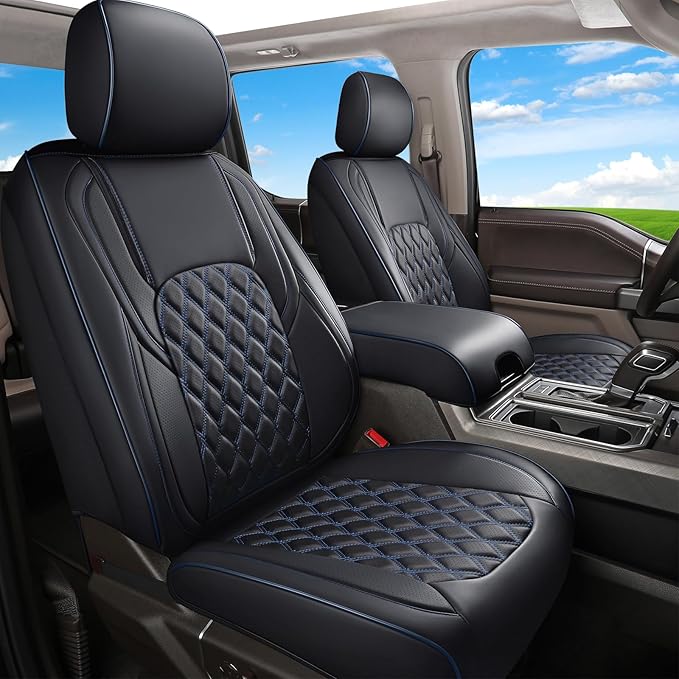 Huidasource Leather Car Seat Covers Fit for Toyota Tacoma 2016-2023 2022 2021 Full Coverage Seat Cover for Double/Crew Cab SR, SR5, Limited, TRD Pro, TRD Sport,TRD Off-Road (Front Pair/Black&Blue)