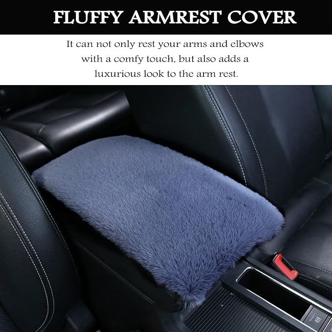 Fluffy Furry Armrest Cover for Car, Auto Center Console Cover Pad Car Soft Console Pad Wool Fur Armrest Seat Box Cover Protector Universal Fit for Most Vehicle, SUV (Gray)