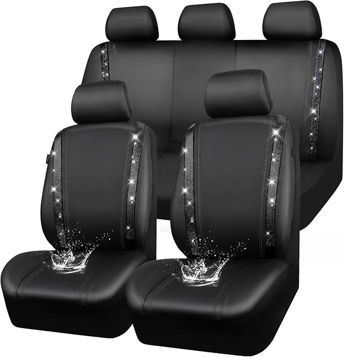 CAR PASS Leather Bling Diamond Car Seat Covers Full Set, Shining Rhinestone Waterproof Durable Rear with Zipper, Universal Fit Automotive Glitter Crystal Sparkle Strip for Cute Women Girly Black