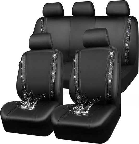 CAR PASS Leather Bling Diamond Car Seat Covers Full Set, Shining Rhinestone Waterproof Durable Rear with Zipper, Universal Fit Automotive Glitter Crystal Sparkle Strip for Cute Women Girly Black
