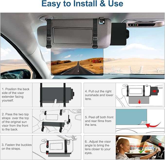 Veharvim Polarized Sun Visor Extender, Upgraded UV400 Car Sun Visor Extension with PC Lens and Side Sunshade,Anti-Glare Visor for Safe Driving,UV-Filtering (No Zipper, Driver Side+Passenger Side)