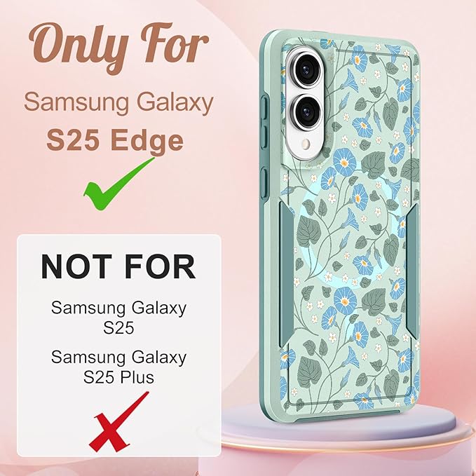 for Samsung Galaxy S25 Edge Case - Compatible with MagSafe Women Girls Cute Magnetic Protective Phone Cover Unique Girly Blue Flower Heavy Duty Shockproof Design for Samsung S25 Edge Case