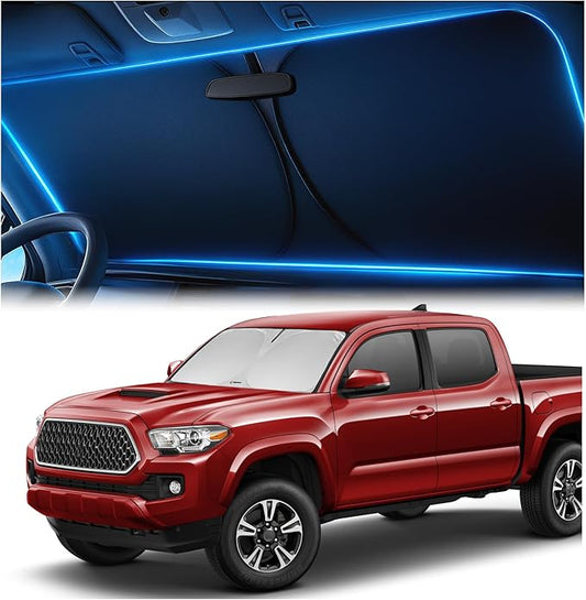 Windshield Sunshade for Toyota Tacoma 2016-2023 2024 2025 2026 - Innovative No-Light-Pass Technology, Mirror Cut-Out, Blocks 99% UV Rays, Fade-Resistant, Easy-Fold Tacoma Windshield Sun Shade