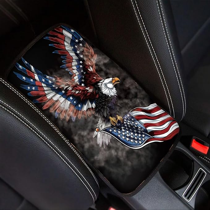 Eagle American Flag Soft Armrest Seat Box Cover Car Armrest Cushion Car Decor Protective Car Accessories Universal Fit for Most Cars, Vehicles, SUVs