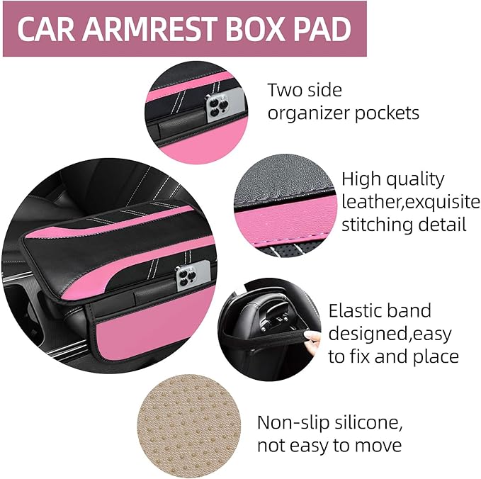 NBTEPEM Pink Center Console Cover, Sporty Leather Armrest Cover Cushion with 2 Storage Pockets, Universal Auto Middle Console Protector, Car Interior Accessories for Most SUV, Truck, Sedan Vehicles