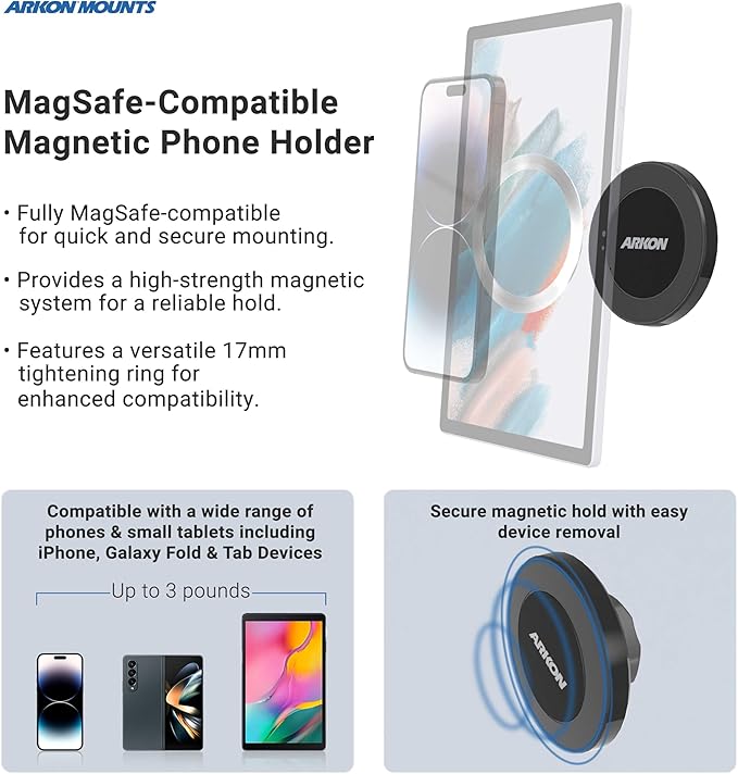 ARKON Mounts Magnetic Phone Holder Console Wedge Mount | for Cars and Trucks | Strong Magnetic Hold | Adjustable Arm | Works with MagSafe | Compatible with iPhone, Galaxy, Note, and More