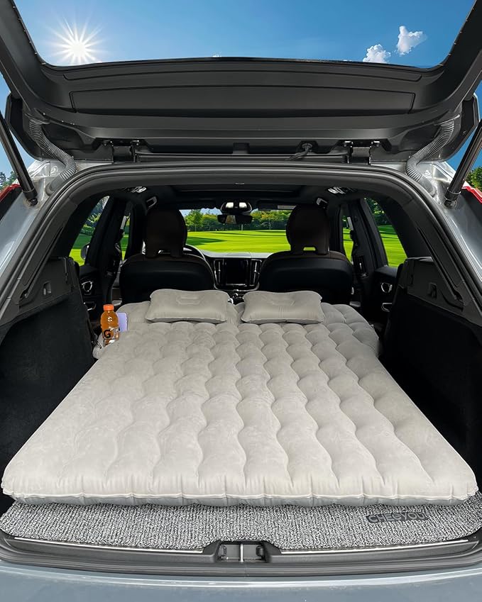 SUV Air Mattress, Inflatable Car Mattress Bottle and Phone Holder Thickened Flocking & PVC Surface Car Bed with Electric Air Pump Travel Mattress for Camping Road Trip (Grey)