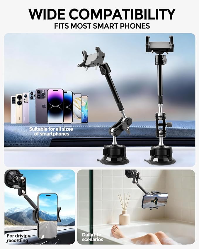 Heavy Duty Truck Phone Mount, Aluminum 360° Rotating Anti-shake Suction Cup Phone Mount, 14.5" Long Arm Metal Windshield Phone Holder for Car Truck Semi, Fits Thick Cases F-150 Silverado RAM Kenworth