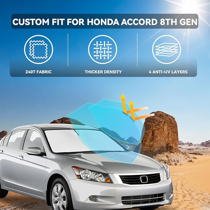 for Honda Accord 2008-2012 Windshield Sun Shade - 4 Layers Car Sunshades for Front Windows Shade Cover Custom Fit Accord 8th Gen Sun Visor 250T Retractable Shade Blocks UV Rays Car Accessories