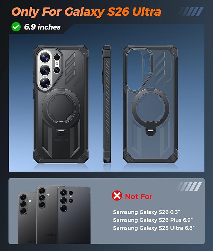 FNTCASE for Samsung Galaxy S26-Ultra Case: [360 Spin Magnetic Ring Kickstand] [Compatible for MagSafe] [Screen Protector] Heavy Duty Military Grade Protection Protective Stand Phone Case Translucent